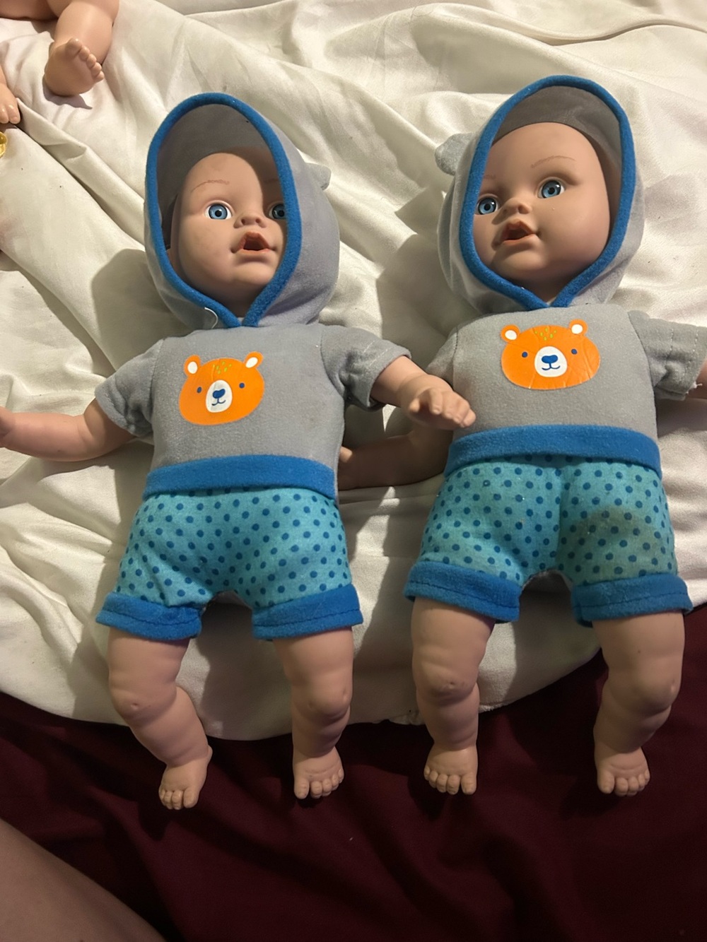 Twin Boy Dolls! Plush Hooded Twin Baby Dolls in Gray and Blue - Twin Set